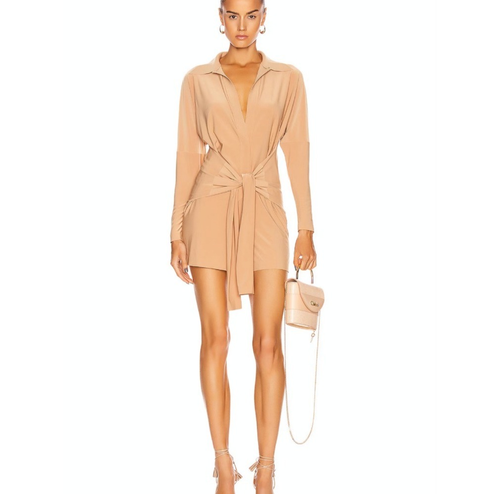 NWT Norma Kamali Romper Gold Poly‎ Spandex Sash Belt Collared V-Neck SZ XS - Picture 2 of 16